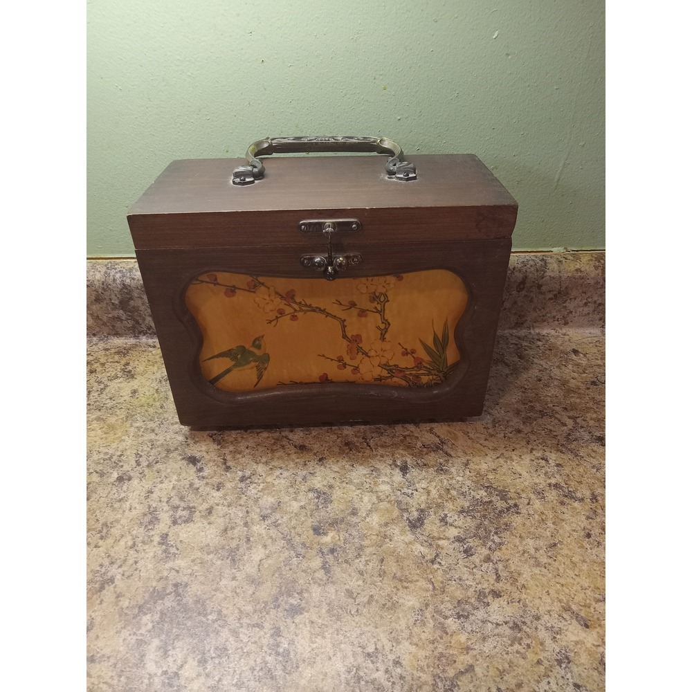 Vintage Wooden Chinoiserie Bird Floral Keepsake Jewelry Box Lined Latch Handle - Picture 2 of 7